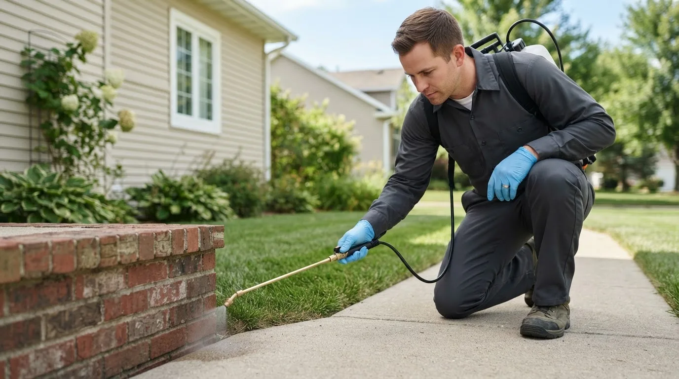 Pest control technician treating a home near Winterport, ME