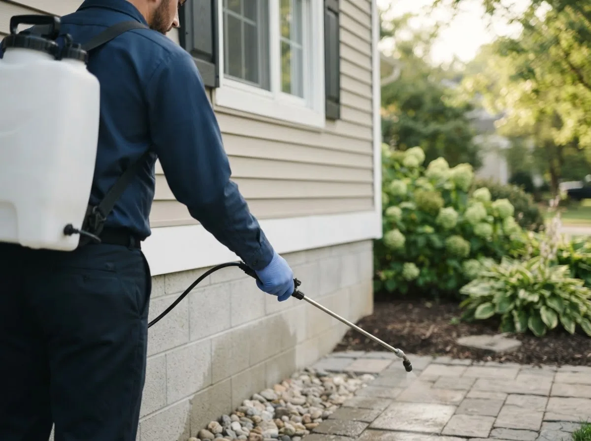 Pest control technician inspecting a home in Winterport, ME